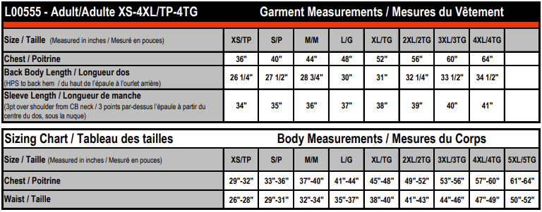 Adult Pullover Hooded Sweatshirt size chart