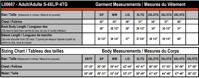 Adult Pullover Hooded Sweatshirt size chart